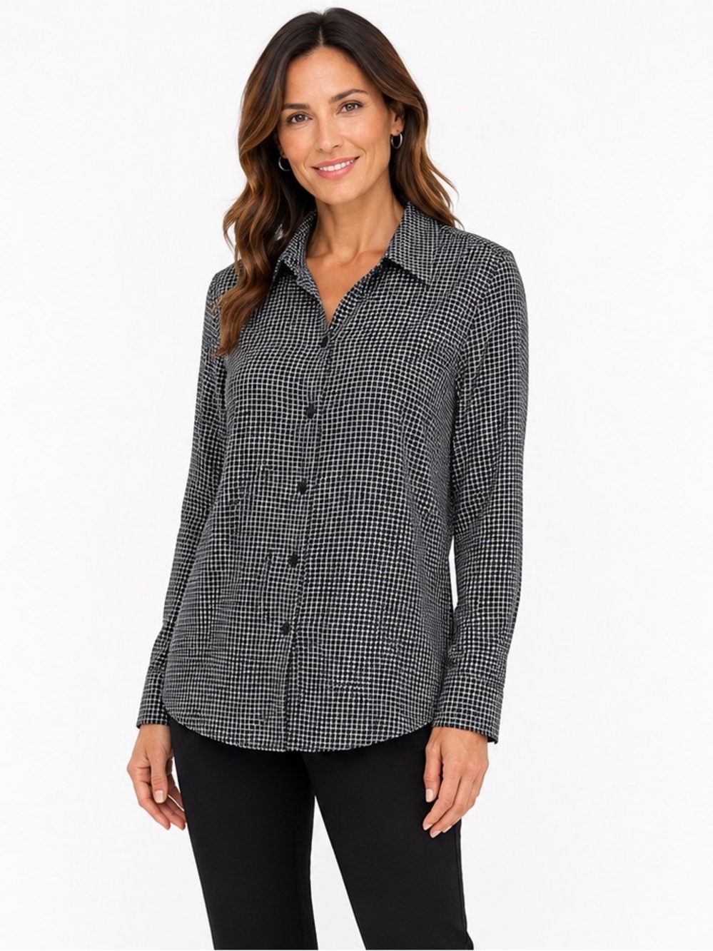 Foxcroft Black and White Checked Button-Down Shirt size 8